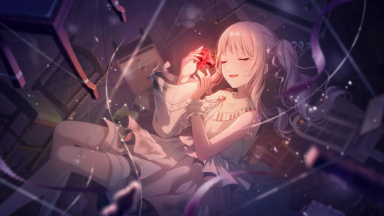 Project Sekai cards: Mizuki floating in a tangle of threads and furniture, with their eyes closed, cradling a glowing red heart/apple and wearing white loungewear