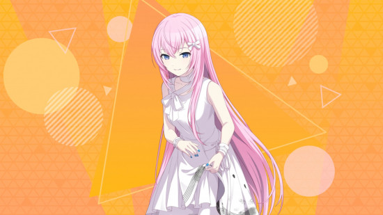 Project Sekai cards: Luka with her hair down wearing a white dress with grey stains on the hem and blue nail polish. She is on an orange geometric background