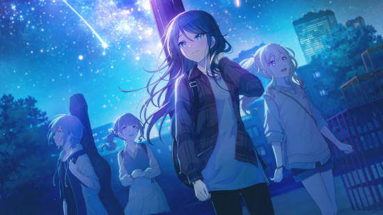 Project Sekai events: Ichika and the girls in their casual clothing under a blue sea of stars