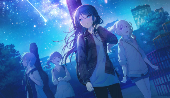 Project Sekai events: Ichika and the girls in their casual clothing under a blue sea of stars