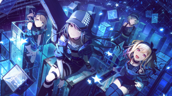 Project Sekai events: Ichika and the others sat together in cool blue band outfits on stacks of cubes in a starry room