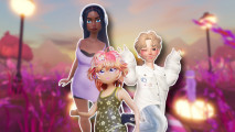Roblox Coach: Three characters from the games showing off Coach items on a blurred background from Fashion Famous 2. In the back is a black woman wearing a purple dress and headphones with black box braids. In the front is a while, more classic Roblox woman with pink wolf cut hair and a long green dress. To the right is a light skinned Zepeto avatar with blonde K-pop boy hair wearing a white jacket and wide leg acid wash jeans doing a peace sign pose. All of them are outlined in white