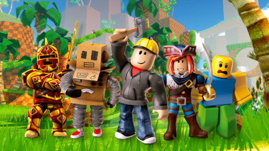 Roblox codes - a group of Roblox characters stood in the Sonic Speed Simulator track
