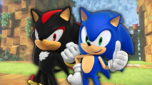 Takashi Iizuka Sonic RPG - Shadow and Sonic in front of a screenshot of Green Hill Zone in Sonic Frontiers