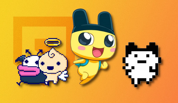 Tamagotchi game history: Mametchi in his original pixel form and his 3D Adventure Kingdom form, plus an angel and evil Tamagotchi pair, pasted on a mango PT background
