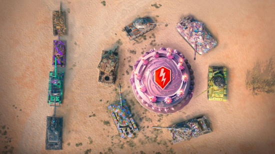 World of Tanks Blitz tenth anniversary: An official WOTB tenth anniversary graphic showing tanks aligned to write 10 and the 0 has a big logo cake in the middle