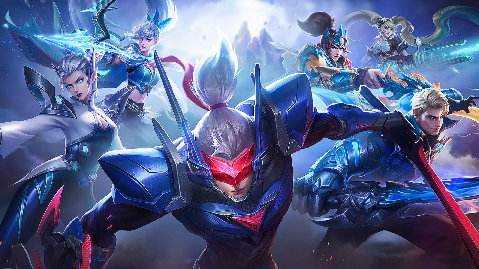  An illustration of five characters from the game Mobile Legends, with the text "Mobile Legends" and "6GB RAM" superimposed.