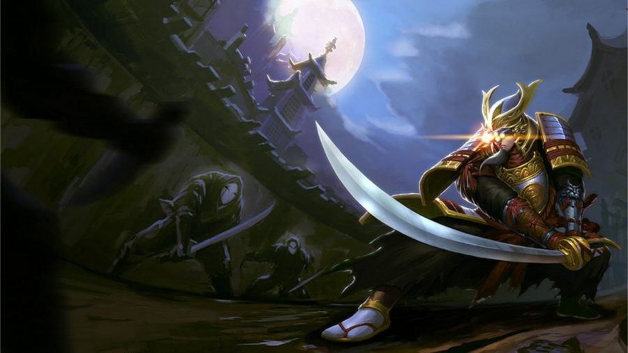 Master Yi dressed as a samurai with his sword drawn