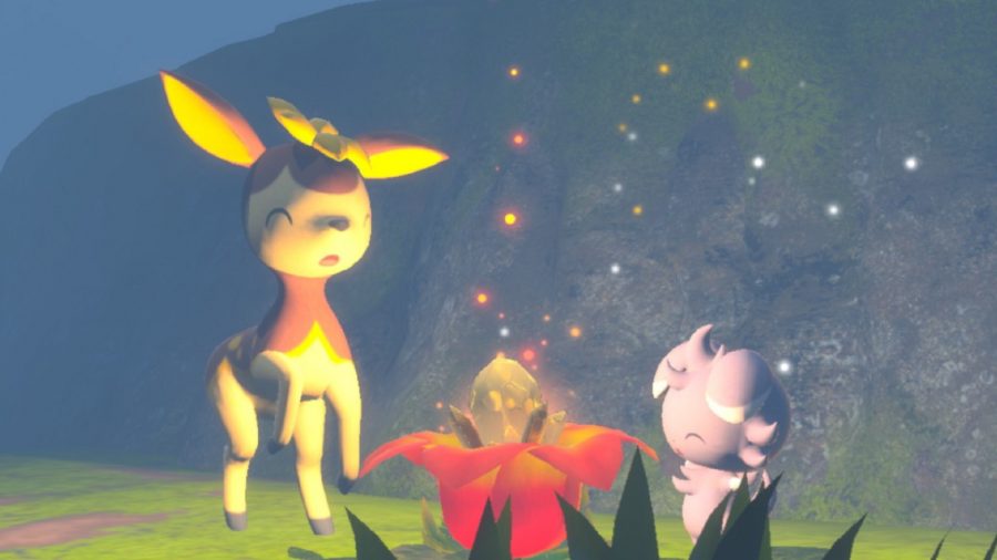 A Deerling and an Espurr dancing around a glowing flower