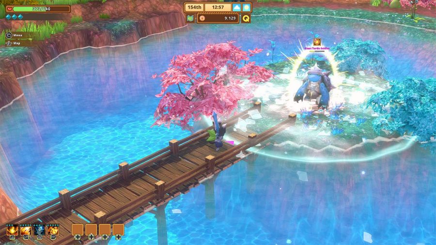 A cat character walks over a bridge surrounded by cherry blossoms and water, attacking a large tortoise like creature