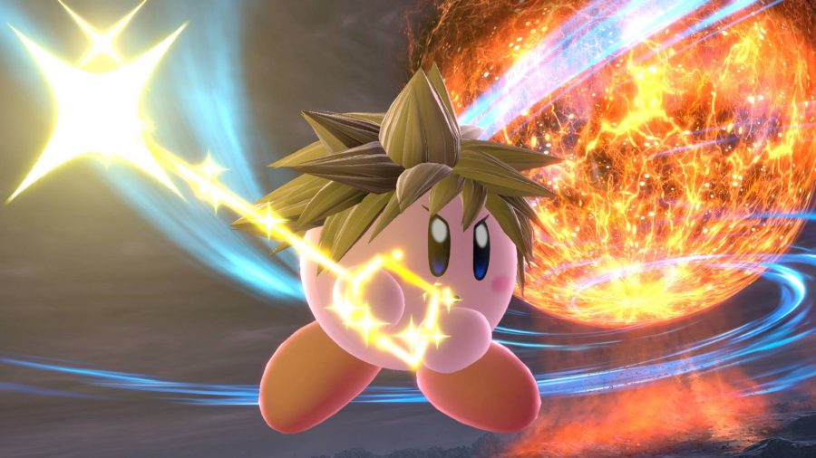 Kirby appears to be swinging a magical keyblade, covered in fire, and they also are wearing hair styled after Sora from Kingdom Hearts
