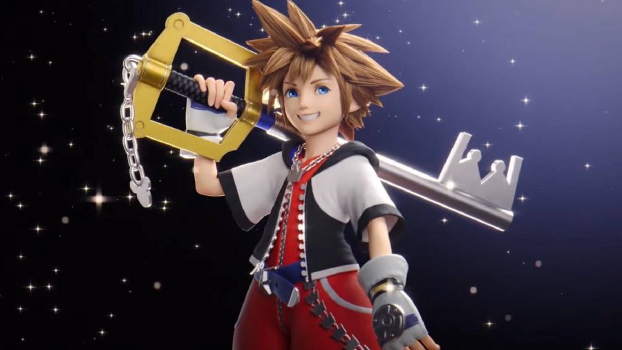 Sora from Kingdom Hearts stands triumphantly with a grin on his face, and his keyblade swung over his shoulder