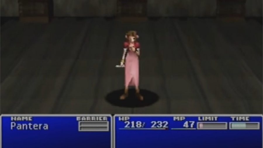 FFVII's Aerith stood in a wooden room