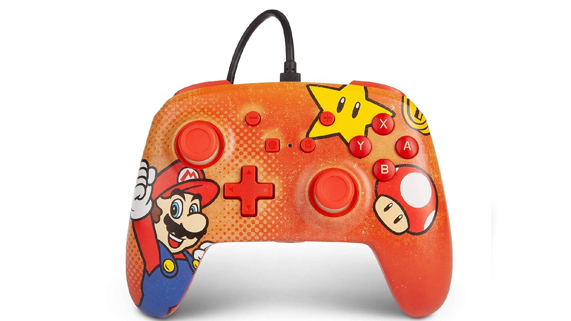 A powera wired controller featuring details from vinatge Mario art 