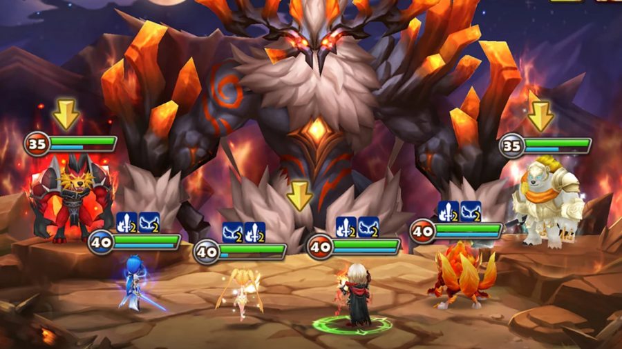 Monsters facing a fiery boss in Summoners War