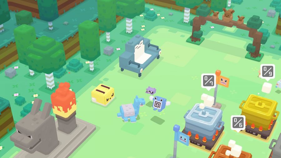 Les Pokémon En Forme De Cube Se Détendent Autour D'un Feu De Camp