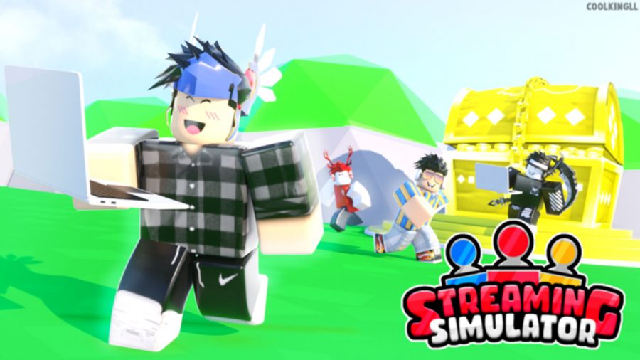 Roblox characters running with laptops in Streaming Simulator