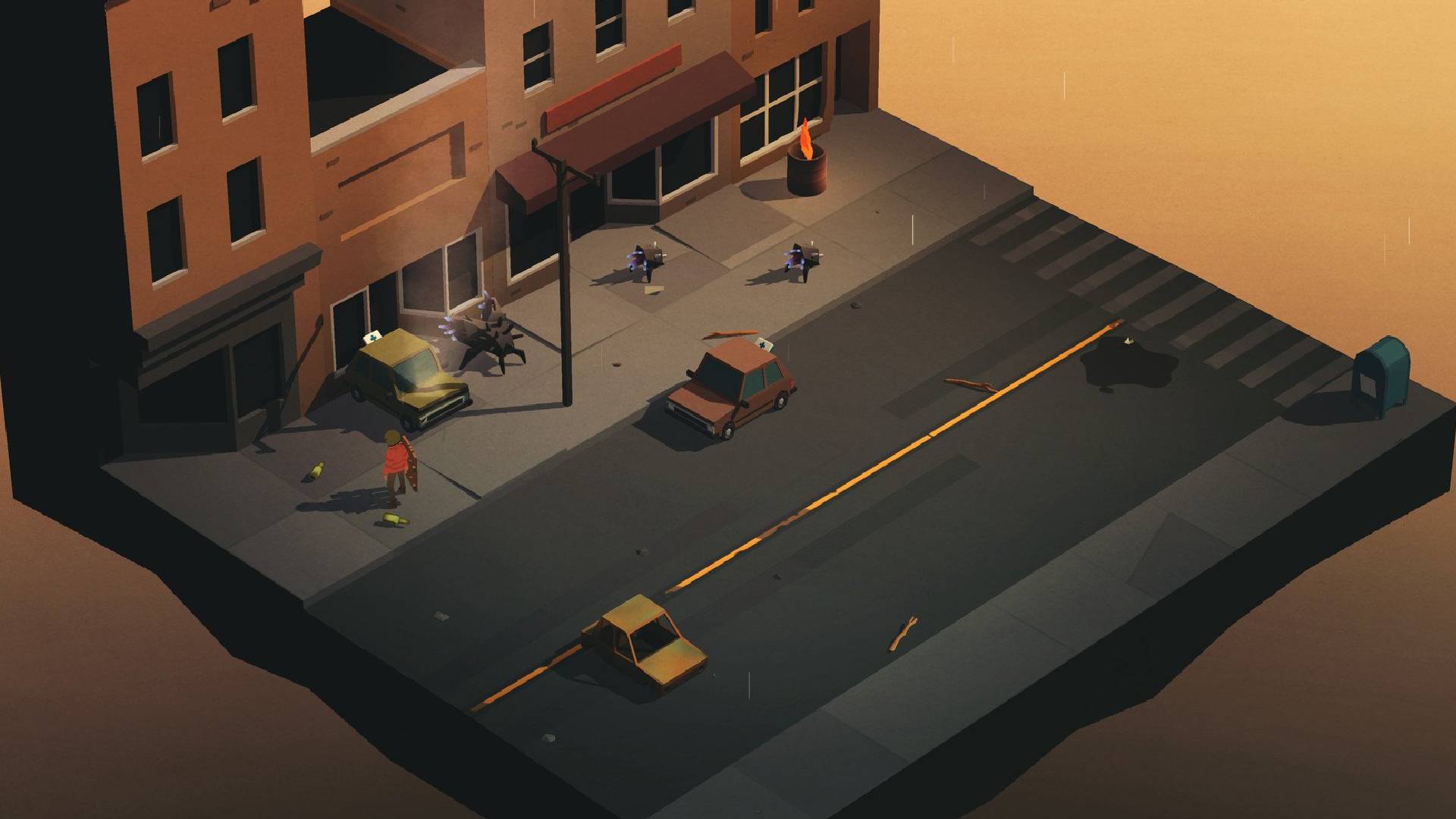 Best post apocalyptic games: an isometric view shows a street and a building, both looking run down and deserted