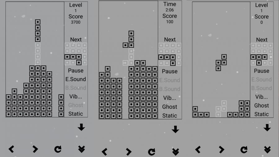 L'un Des Nombreux Jeux Tetris, Classic Blocks, Un Tetris Simple En Niveaux De Gris.  Il Y A Trois Écrans Au Milieu Du Jeu, Avec Des Blocs Tombant Dans La Grille, Divers Scores Et Options De Menu, Et Des Commandes Tactiles En Bas.