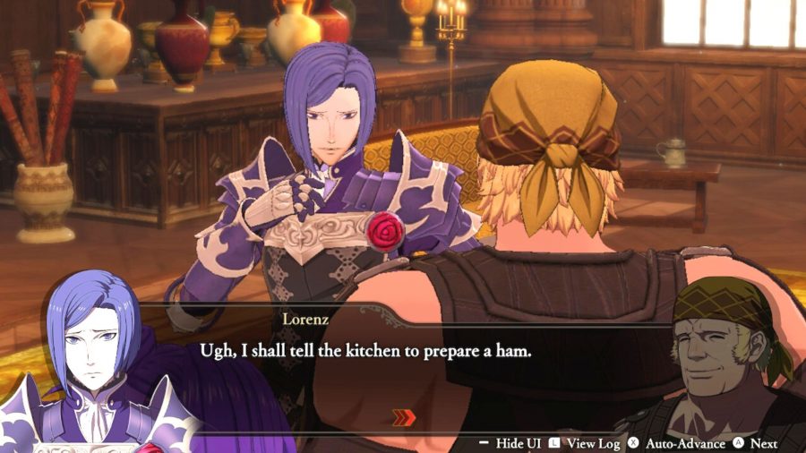 Lorenz and Balthus from Fire Emblem Warriors: Three Hopes talking about meat.