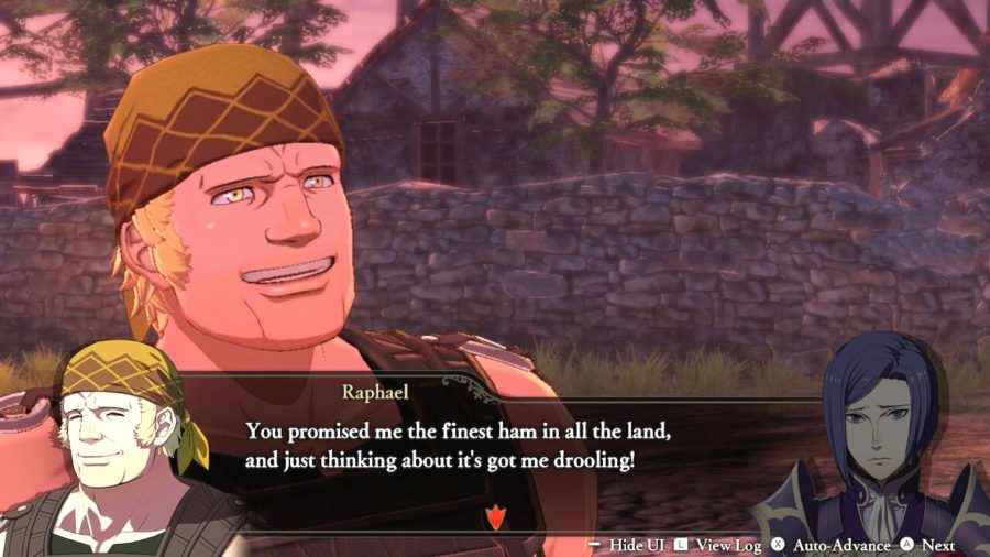 Raphael talking about meat in Fire Emblem Warriors: Three Houses.