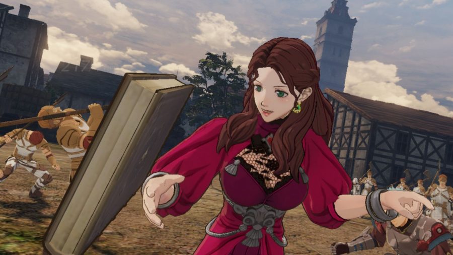 Dorothea from Fire Emblem Warriors: Three Hopes, with a book flying in front of her, mid-battle.