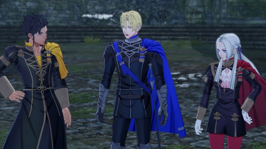 Edelgard, Dimitri, and Claude from Fire Emblem Warriors: Three Hopes, standing around, having a chat.
