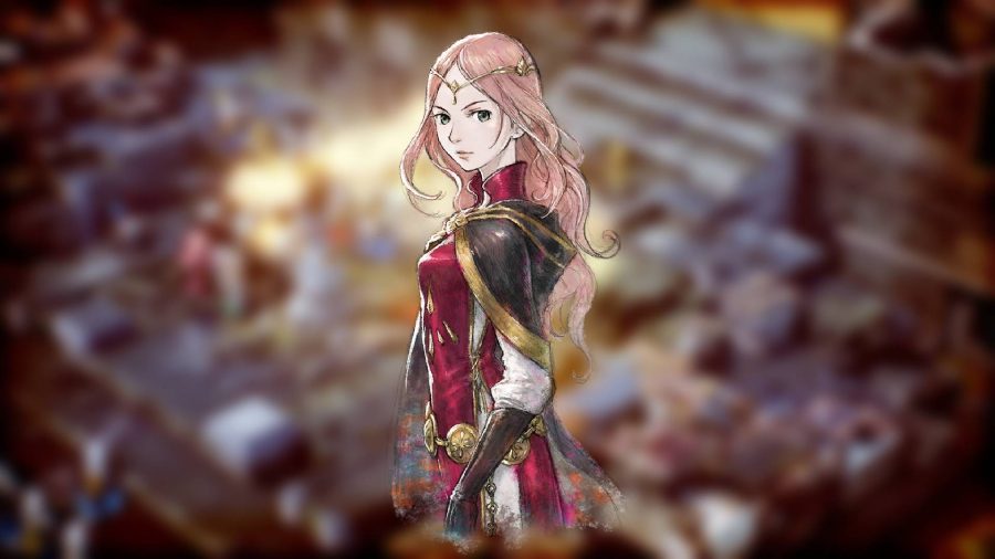 Personnages De Triangle Strategy : L'illustration Clé Du Jeu Triangle Strategy Montre Une Jeune Femme Aux Cheveux Roses Et Une Tenue Rouge Royale. 